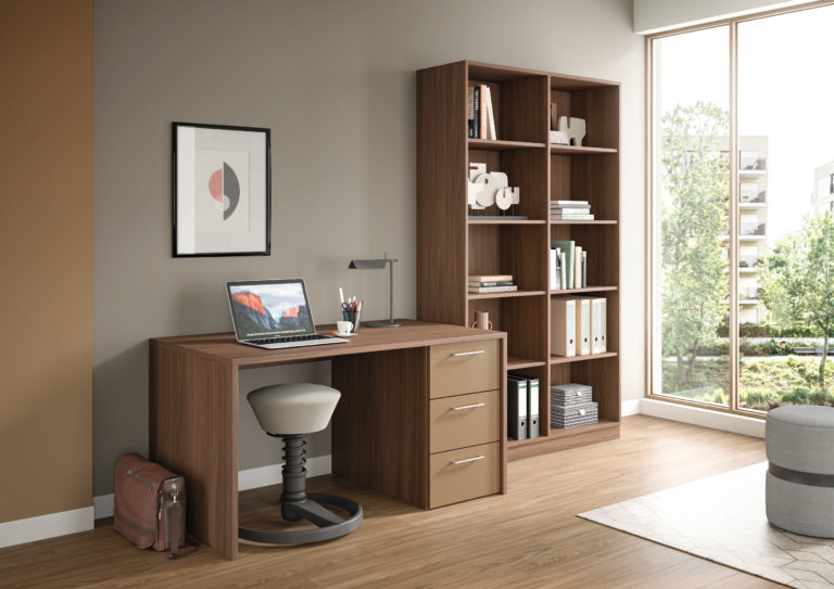 A fitted home office with a desk and shelving