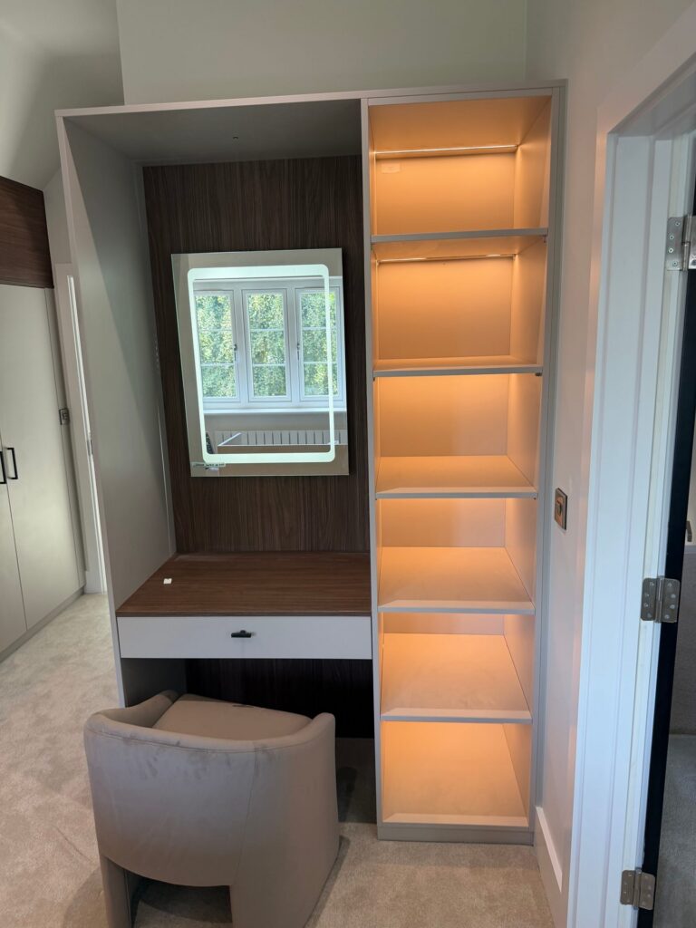 Dressing table with lit shelving