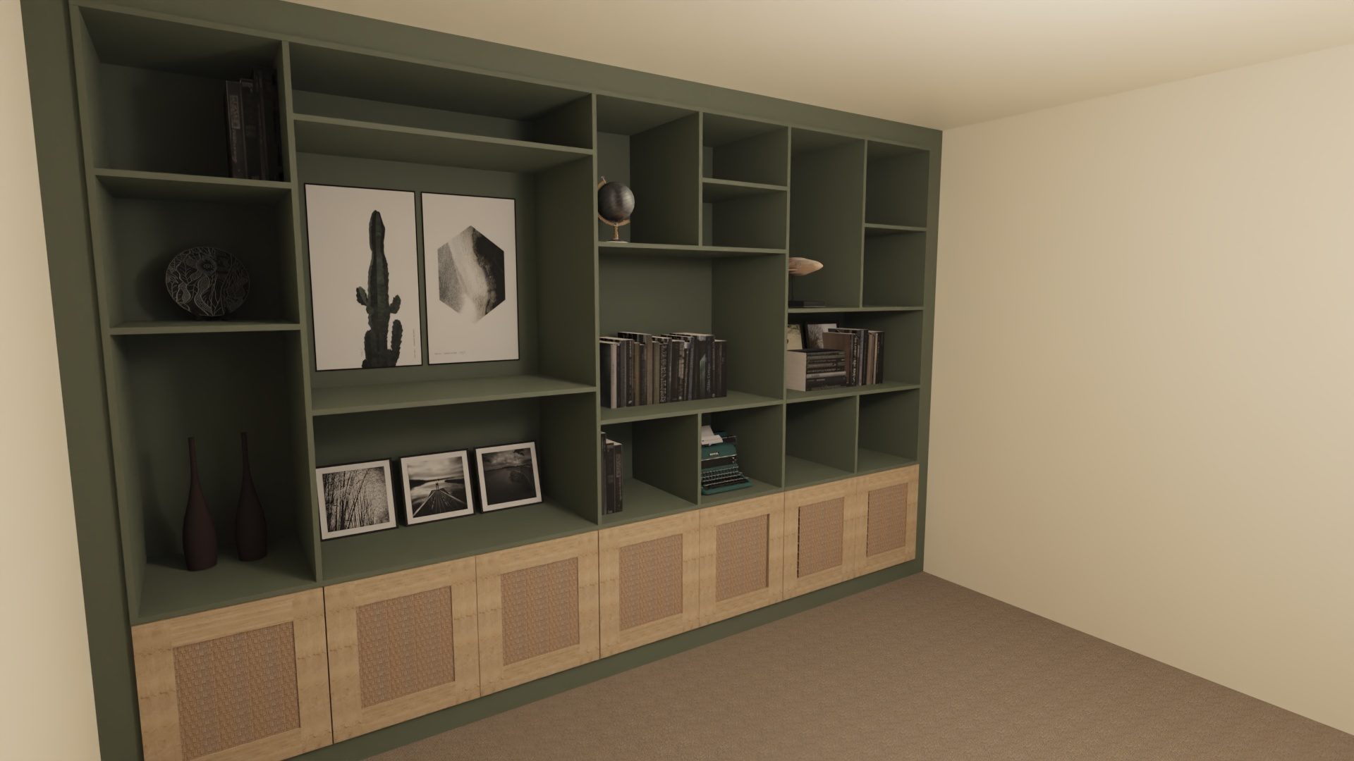 3D drawing of a shelving wall in Reed Green and Halifax Oak
