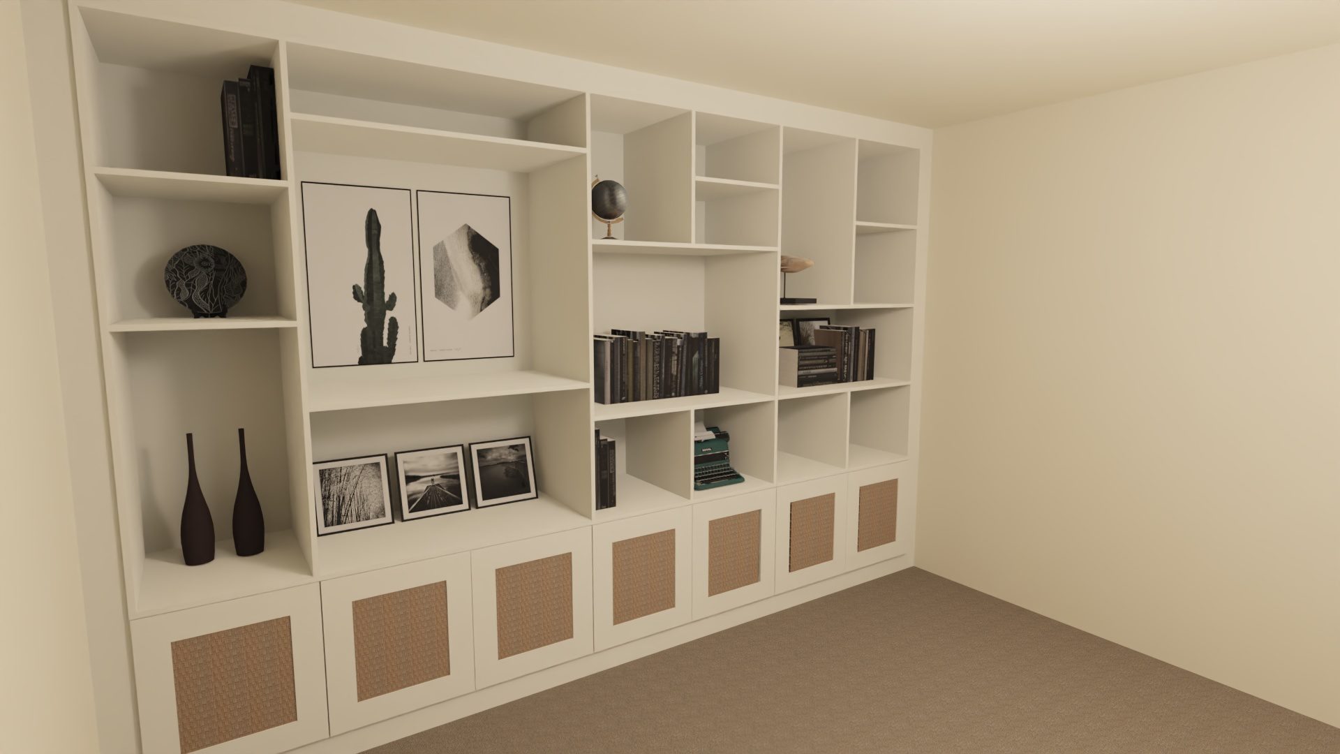 3D drawing of a shelving wall in Alpine White