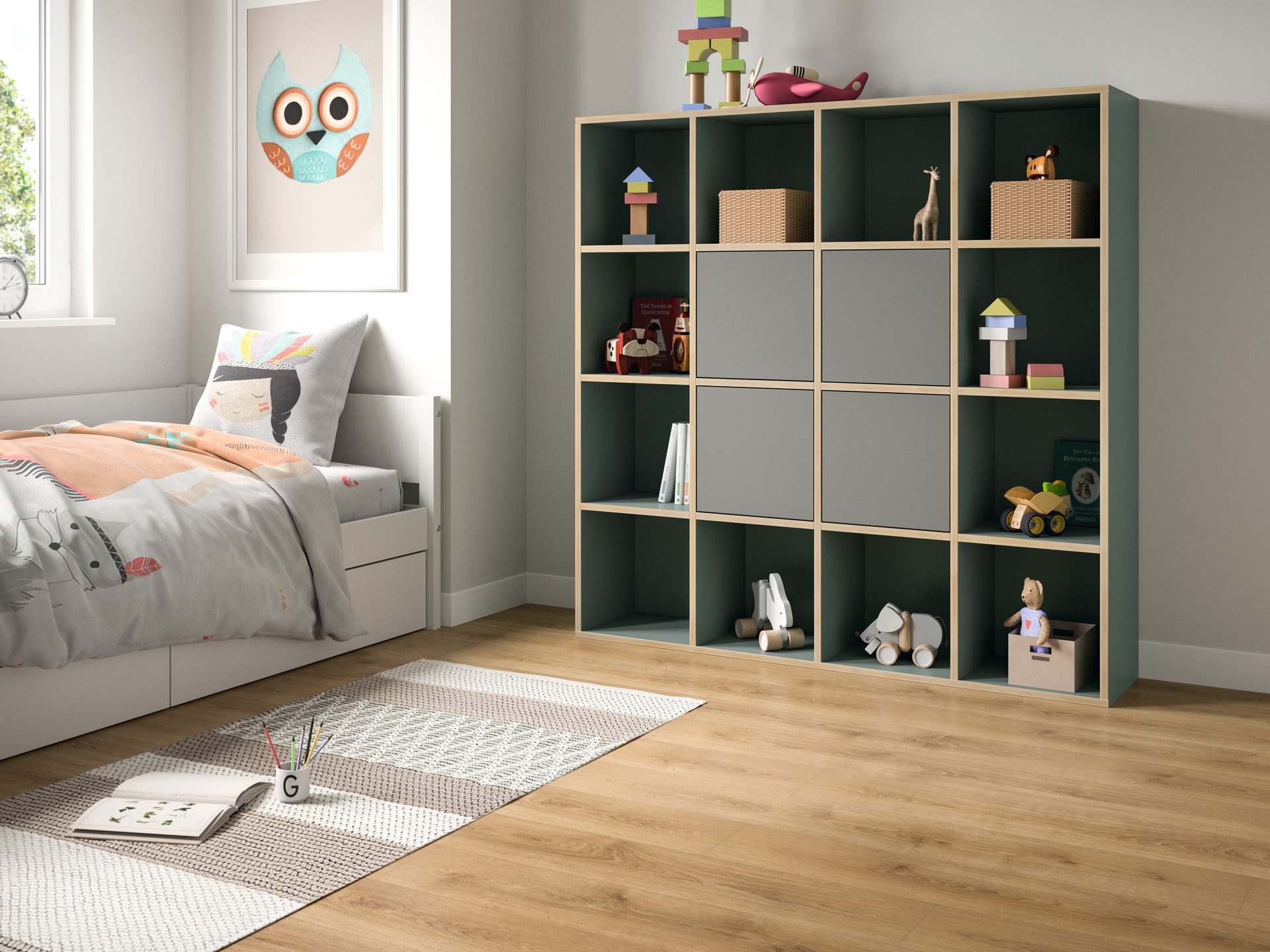 EGGER children's room visual with green shelving in Estate Green U669 and Reed Green U604