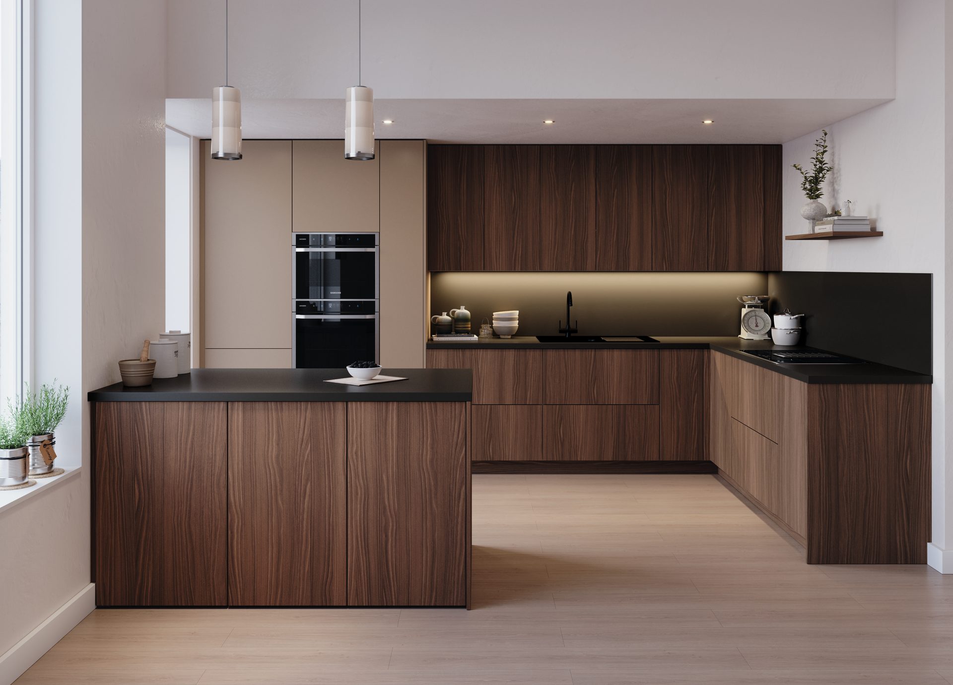 EGGER kitchen visual in Brown Bolivar Wood H3787 ST19 and Caramel Beige U250