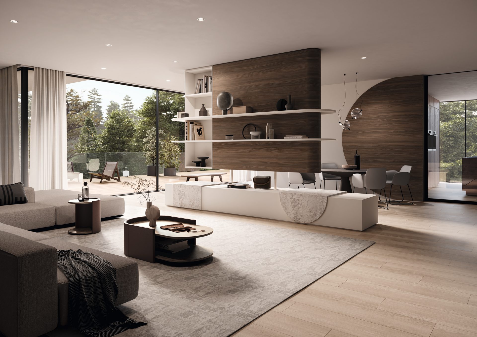 EGGER living room visual in Brown Bolivar Wood H3787 ST19 and Soft Beige U220