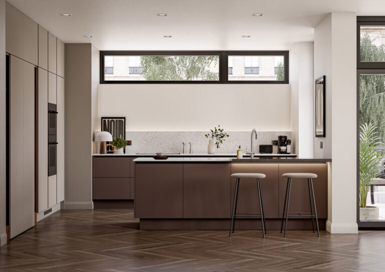 PWS Unity Linea kitchen in Dark Berry and Pebble Grey