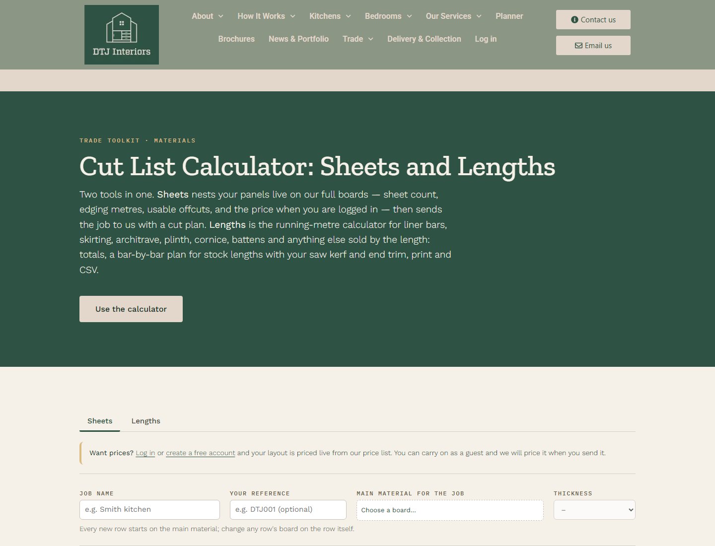 The DTJ cut list calculator, Sheets and Lengths