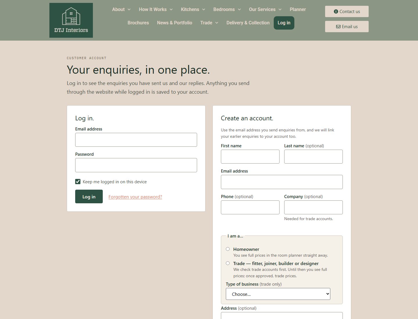 The DTJ account sign-up form with homeowner and trade options