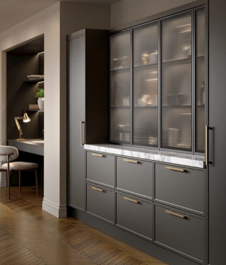 Tall aluminium doors in Black Reed on a glazed dresser