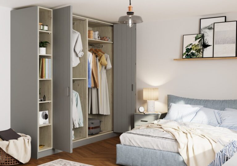 Bella Austin wardrobes in Supermatt Dust Grey, open