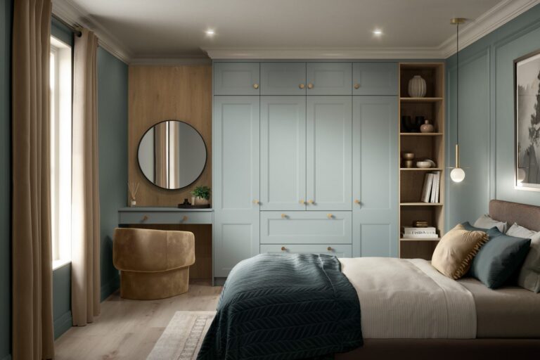 Fitted wardrobe run with bedside returns