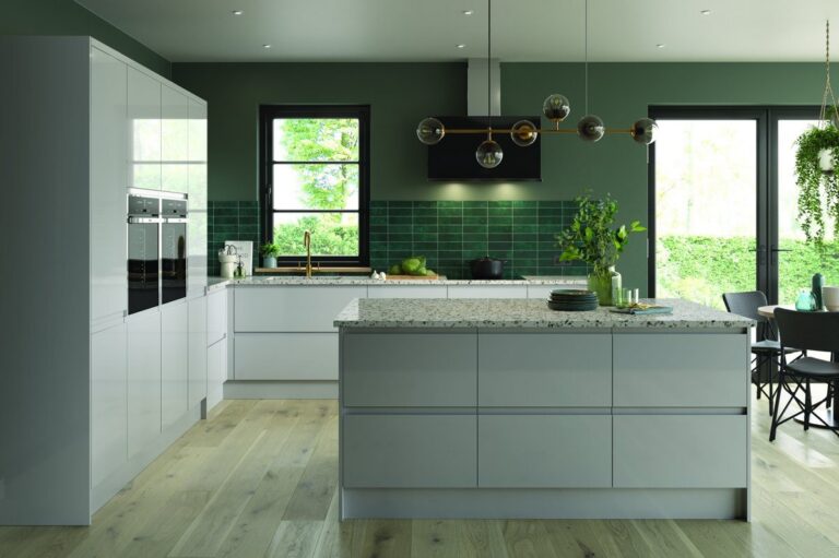 Lacarre Gloss Light Grey handleless kitchen with a drawer island