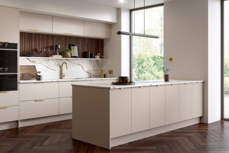 Ora Supermatt Cashmere kitchen with a wall unit run above a slatted shelf