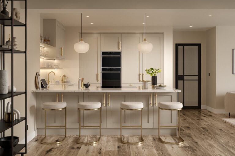 Kitchen with an island and lit open shelving