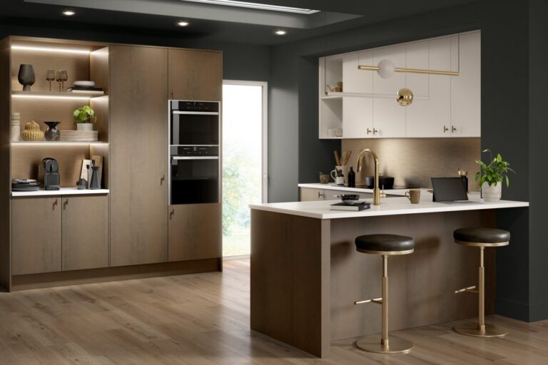 Bronze-effect tall units with lit open shelving and a double-oven housing