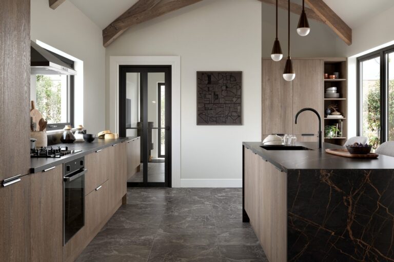 Wood-effect kitchen with a dark stone island
