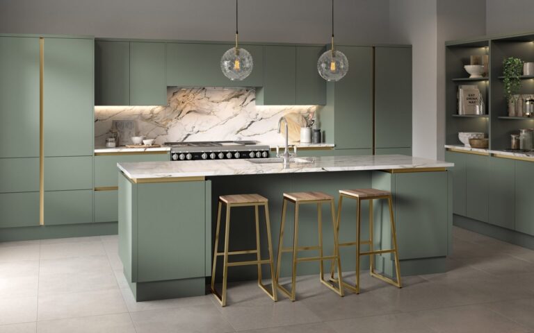 Zurfiz kitchen in sage green with an island