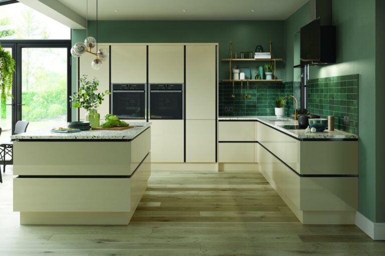 Zurfiz Ultragloss Cream handleless kitchen with a tall double-oven bank