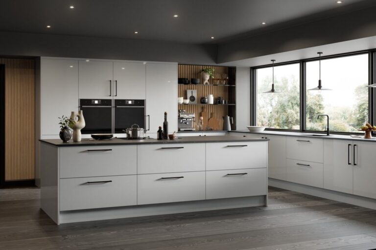 Zurfiz Ultragloss Dust Grey kitchen island with black bar handles