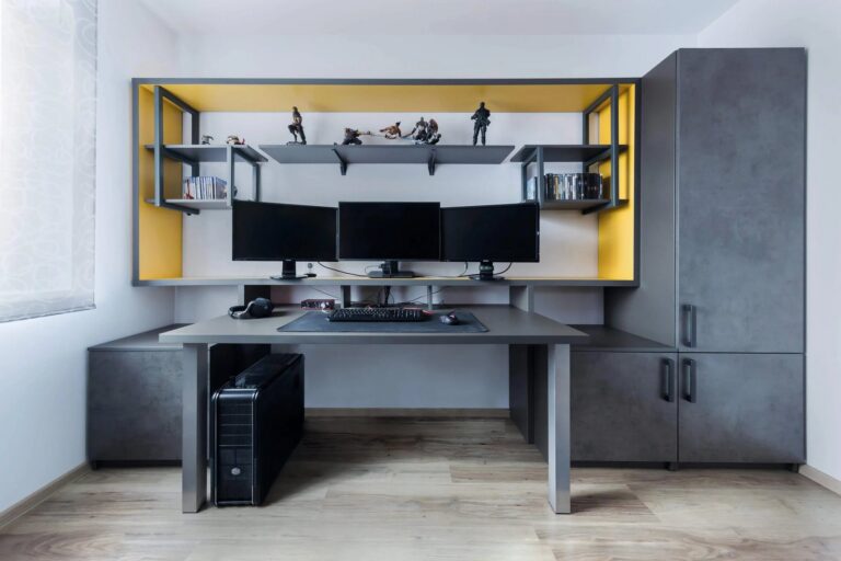 Desk run with a yellow-lit niche