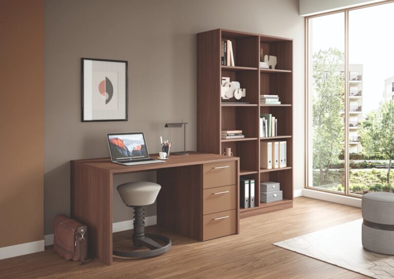 Walnut desk and bookcase fitted in a home office